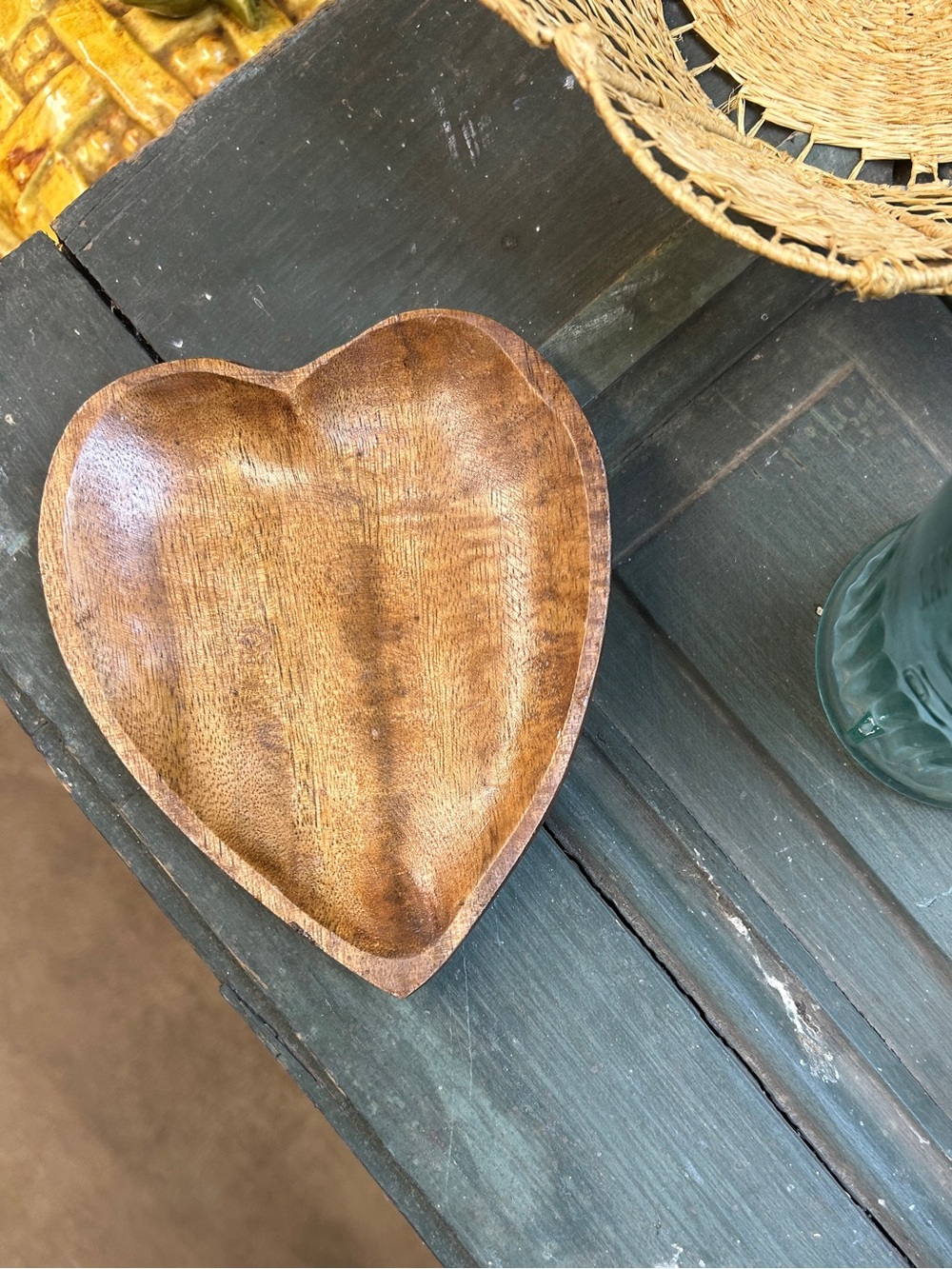 Vintage Heart-Shaped Wooden Carved Dish